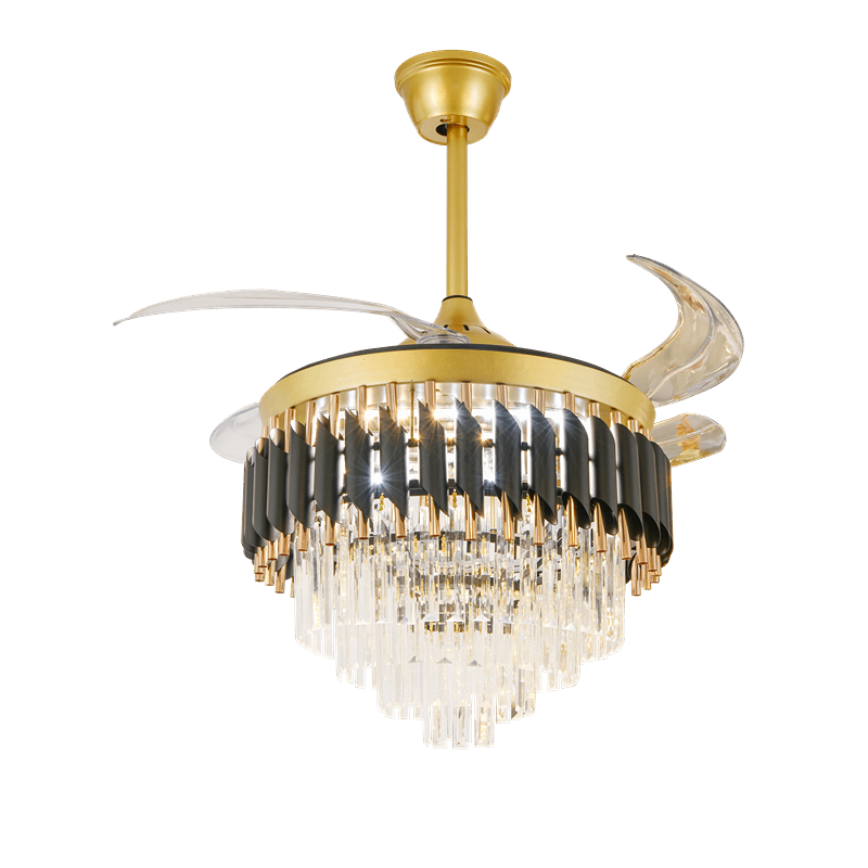 Candelabru LED RFAN, Cu Ventilator si Telecomanda, Cristal Si Metal, 72W, Negru/Auriu