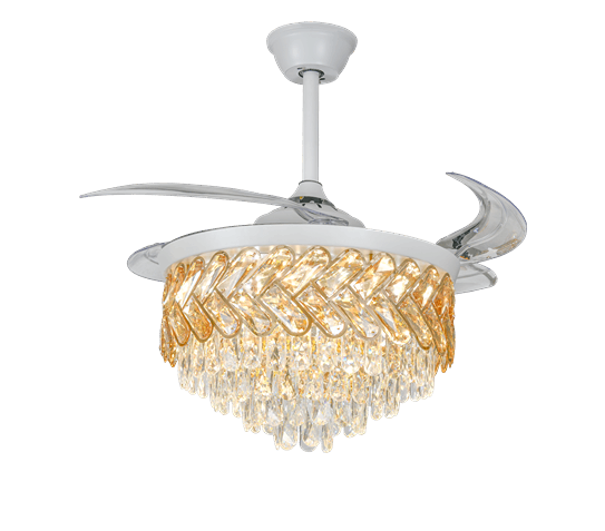 Candelabru LED RFAN, Cu Ventilator si Telecomanda, Cristal Si Metal, 72W, Alb/Auriu