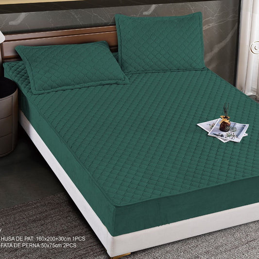 Hus? Matlasat? Tip Topper din Catifea 160x200cm, cu 2 Fe?e de Pern? 50x70cm -  Somn Odihnitor ?i Sus?inere pentru Spate, Verde smarald