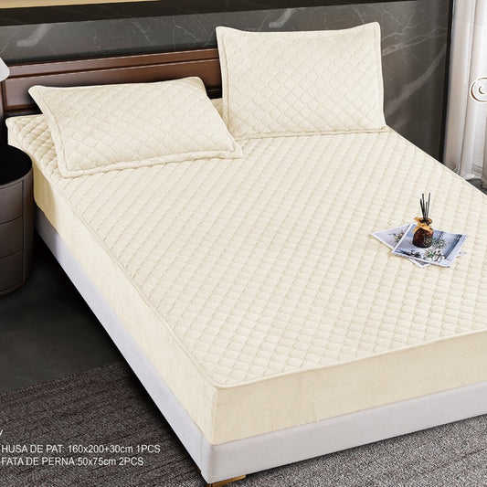 Hus? Matlasat? Tip Topper din Catifea 160x200cm, cu 2 Fe?e de Pern? 50x70cm -  Somn Odihnitor ?i Sus?inere pentru Spate, Crem