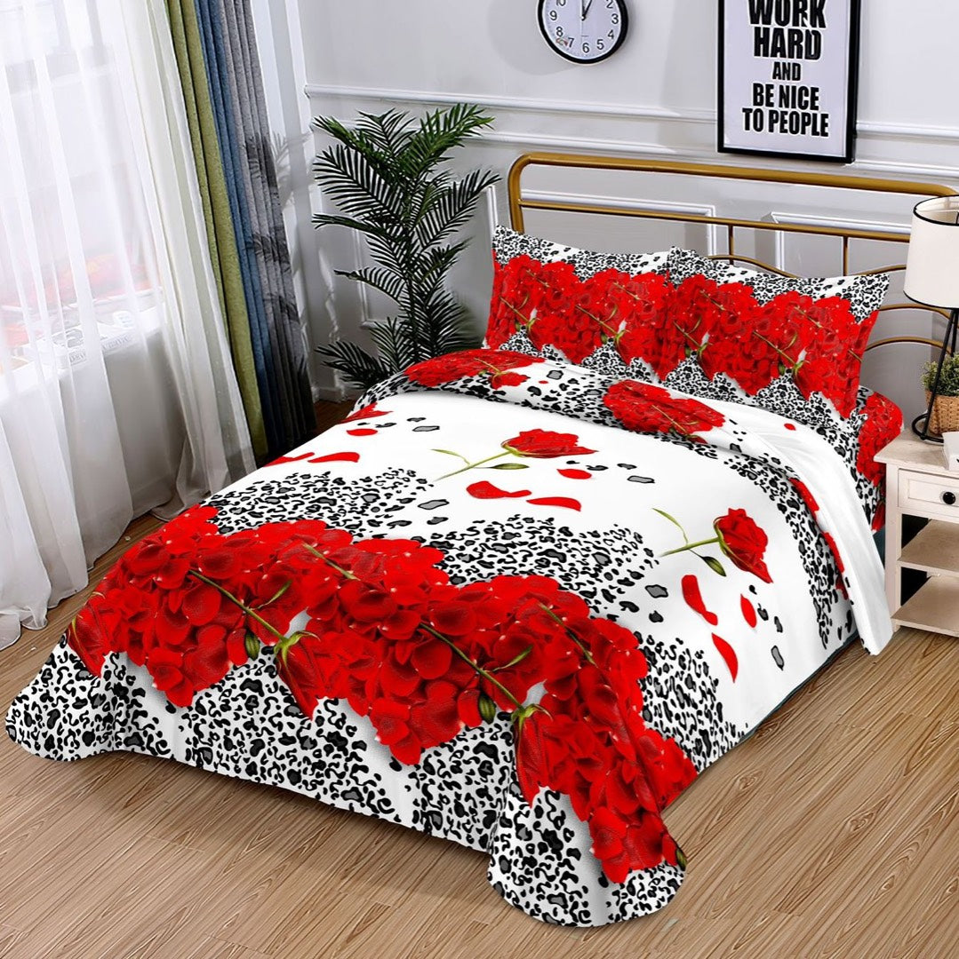 Lenjerie pat dublu, cearsaf clasic, imprimeu 3D, Rosu-Negru, animal print, trandafiri