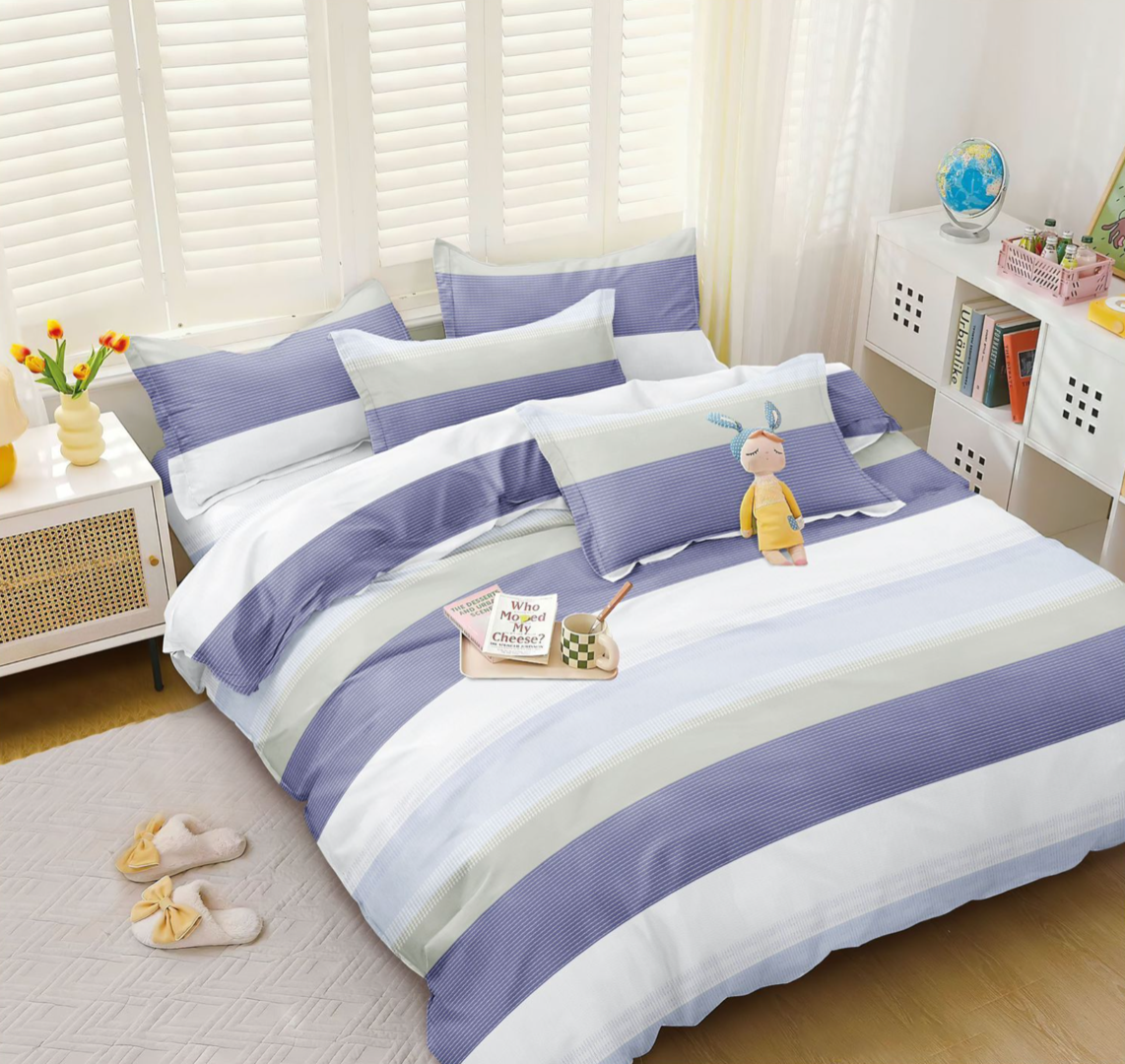 Lenjerie pat dublu cu Elastic, bumbac satinat, Bleu, dungi SPR-E-107