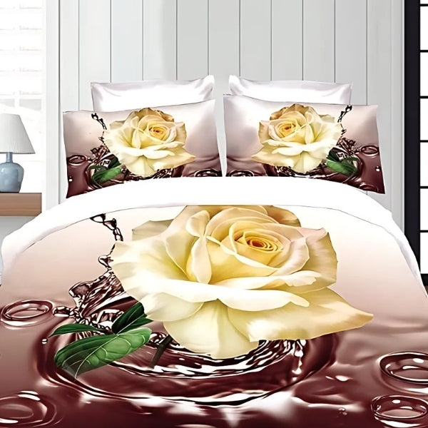 Lenjerie pat dublu, cearsaf clasic, imprimeu 3D, Bej, flori