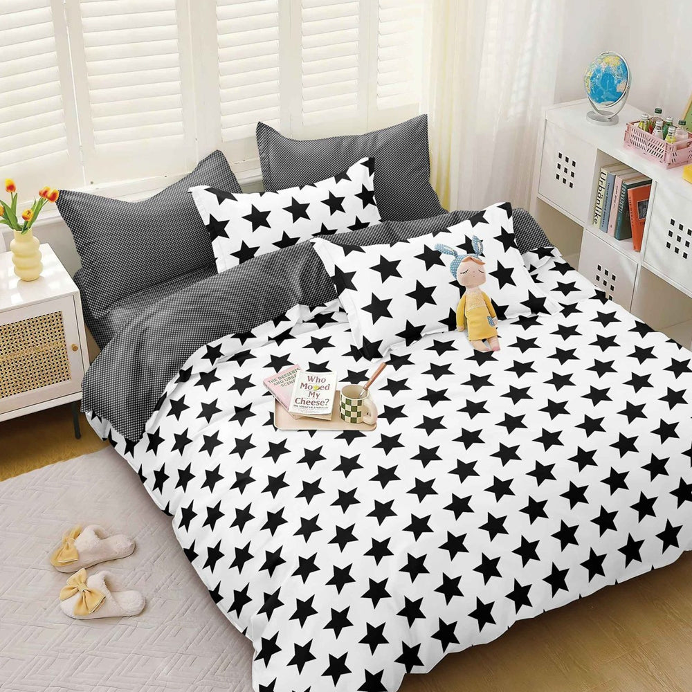 Lenjerie pat dublu, bumbac satinat, cearsaf clasic, 4 piese,  Alb, Negru, stelute