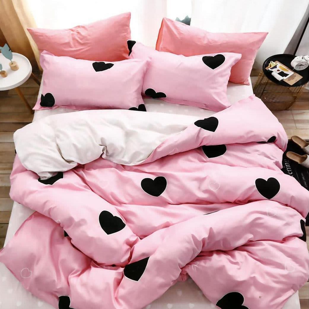 Lenjerie pat dublu, bumbac satinat, cearsaf clasic, 4 piese,  Roz, inimioare