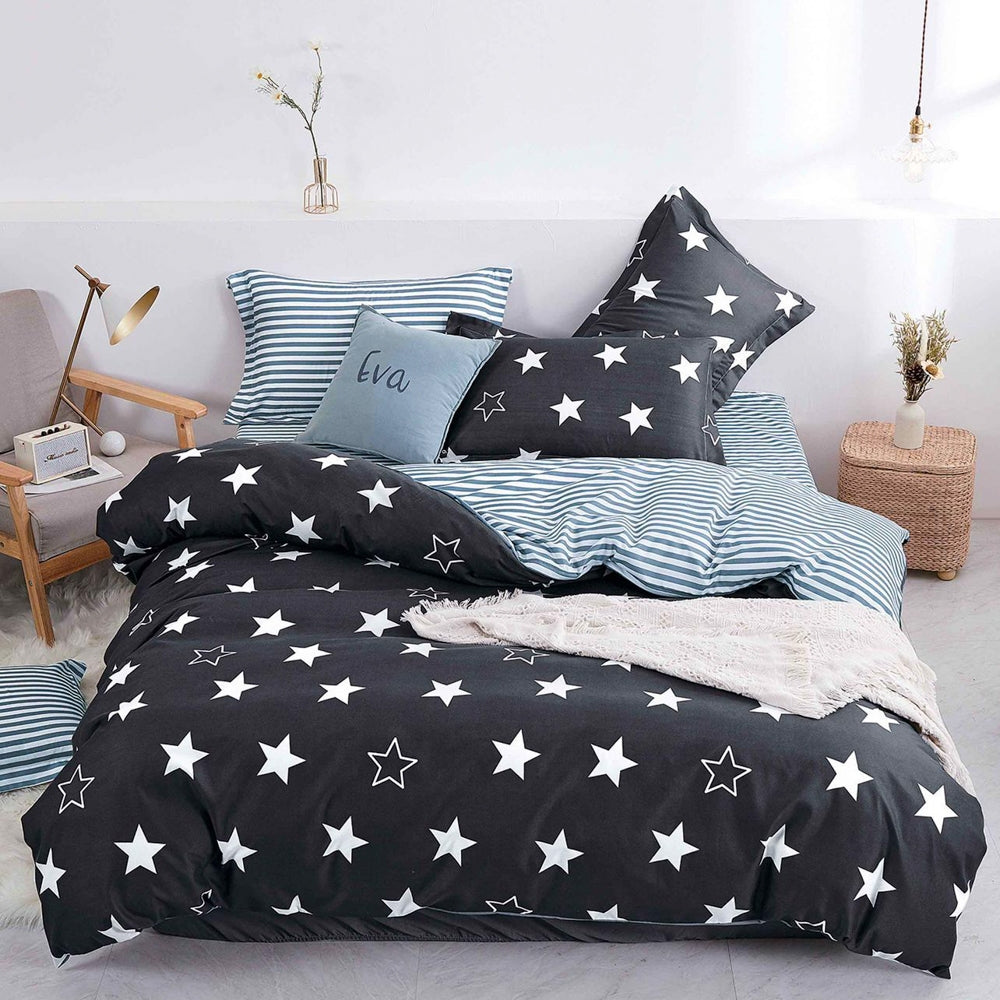 Lenjerie pat dublu, bumbac satinat, cearsaf clasic, 4 piese,  Gri, stelute
