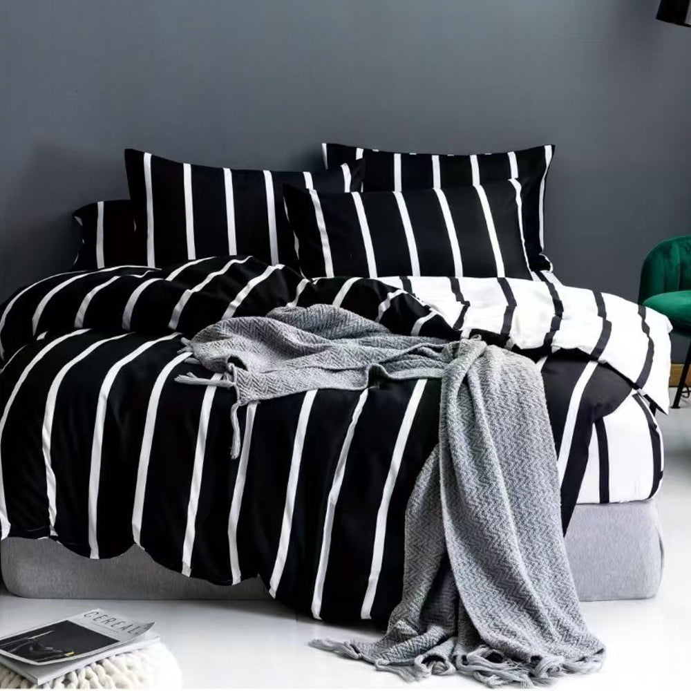 Lenjerie pat dublu cu Elastic, bumbac satinat, Alb, Negru, dungi SPR-E-147