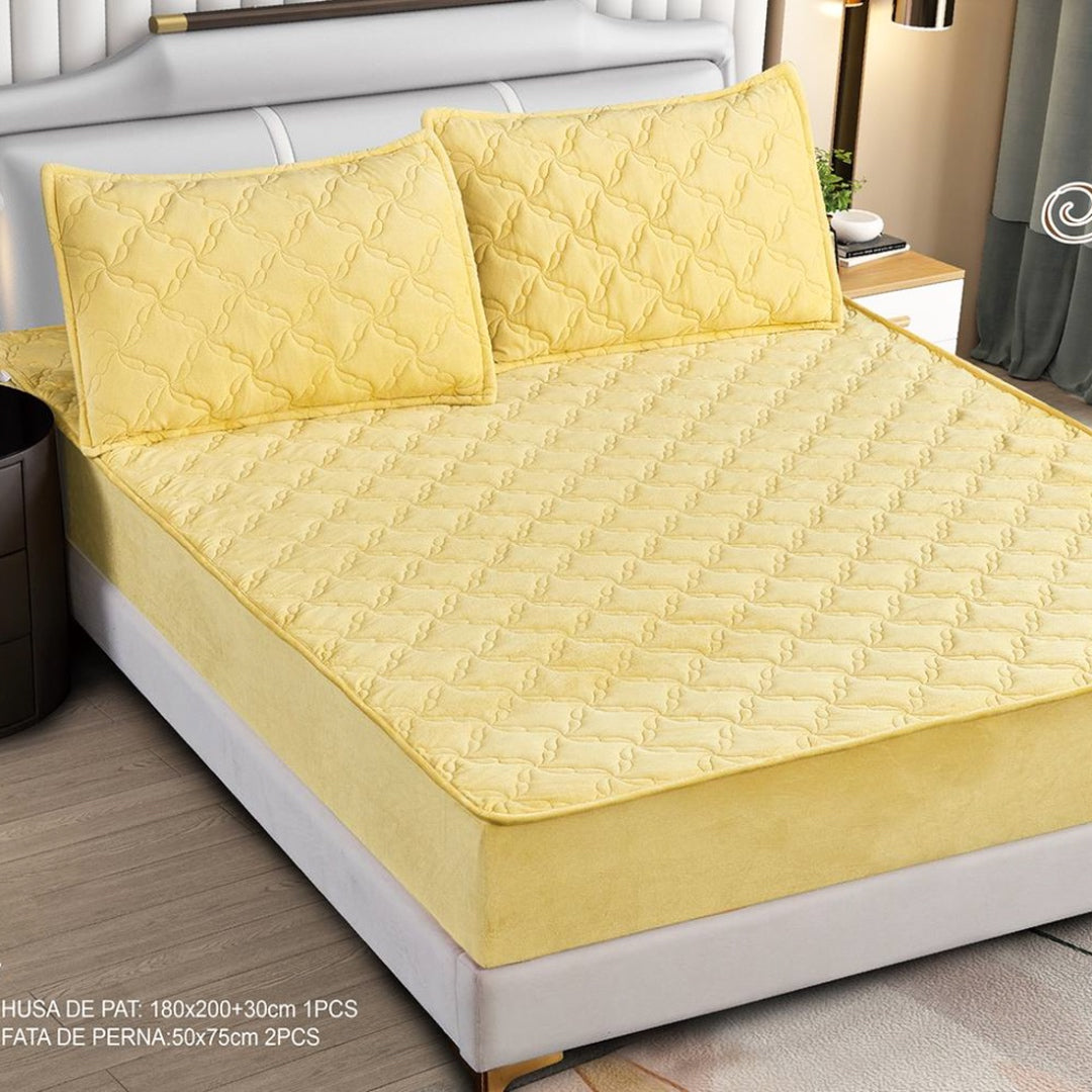 Husa Saltea cu Elastic 180x200cm tip Topper si 2 fete de perna, Galben