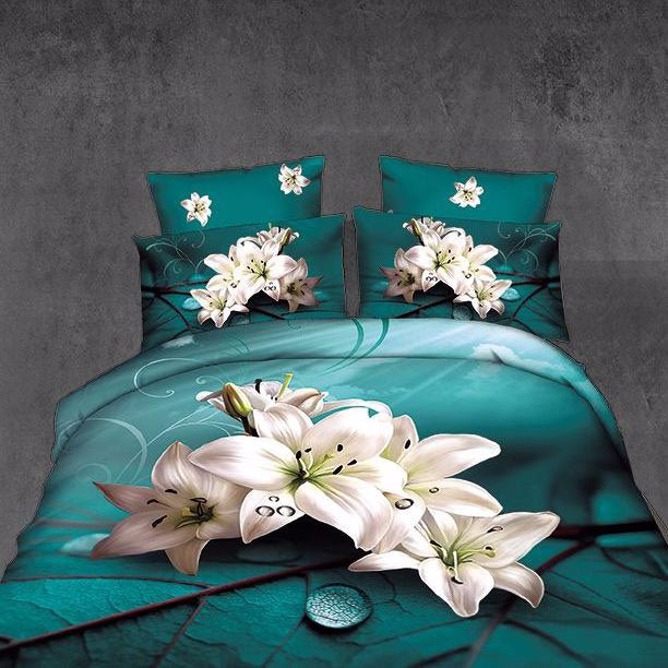 Lenjerie Pat 1 Persoana, imprimeru 3D, microfibra, Turquoise, crini
