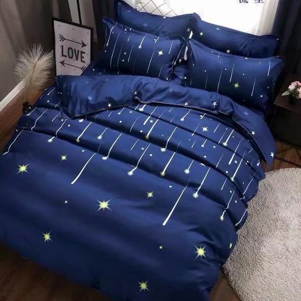 Lenjerie pat dublu, bumbac satinat, cearsaf clasic, 4 piese,  Albastru, stelute