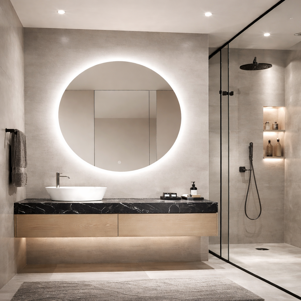 Oglinda LED Rotunda Premium 70×70 cm, Lumina Spate, 3 Tipuri de Lumina – Calda, Rece, Neutra