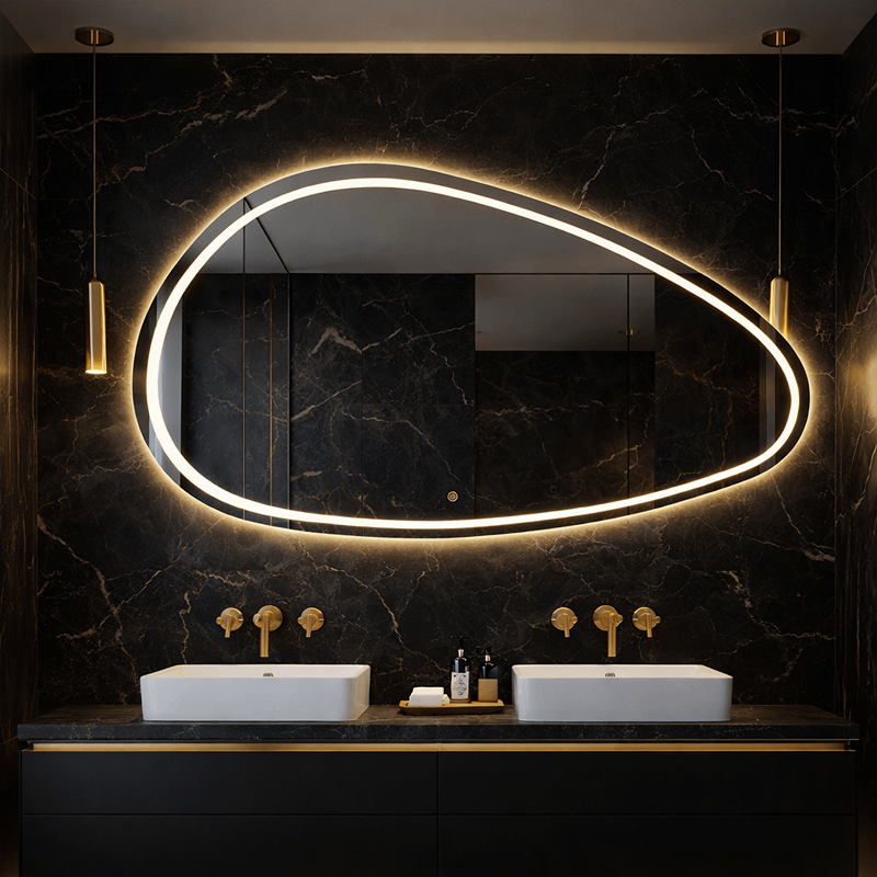Oglinda LED Asimetrica Premium 160×85 cm, Touch, 3 Tipuri Lumina – Calda, Rece, Naturala