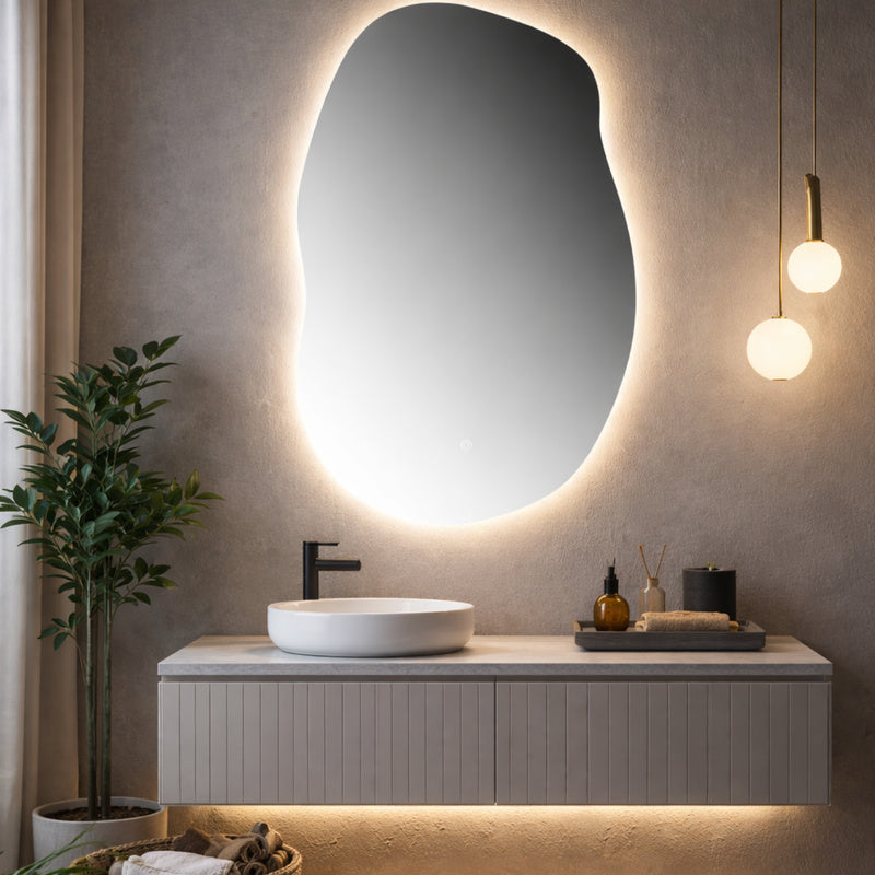 Oglinda LED Asimetrica Premium 60×90 cm, Touch, 3 Tipuri Lumina – Calda, Rece, Naturala