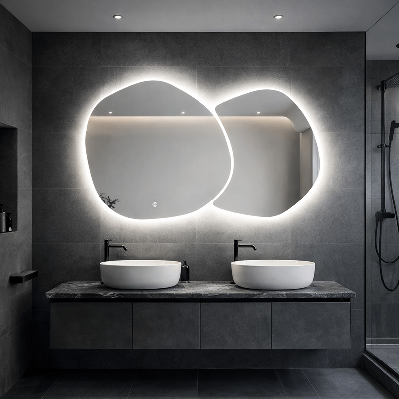 Oglinda LED Dubla, Asimetrica Premium 140×80 cm, Touch, 3 Tipuri Lumina – Calda, Rece, Naturala