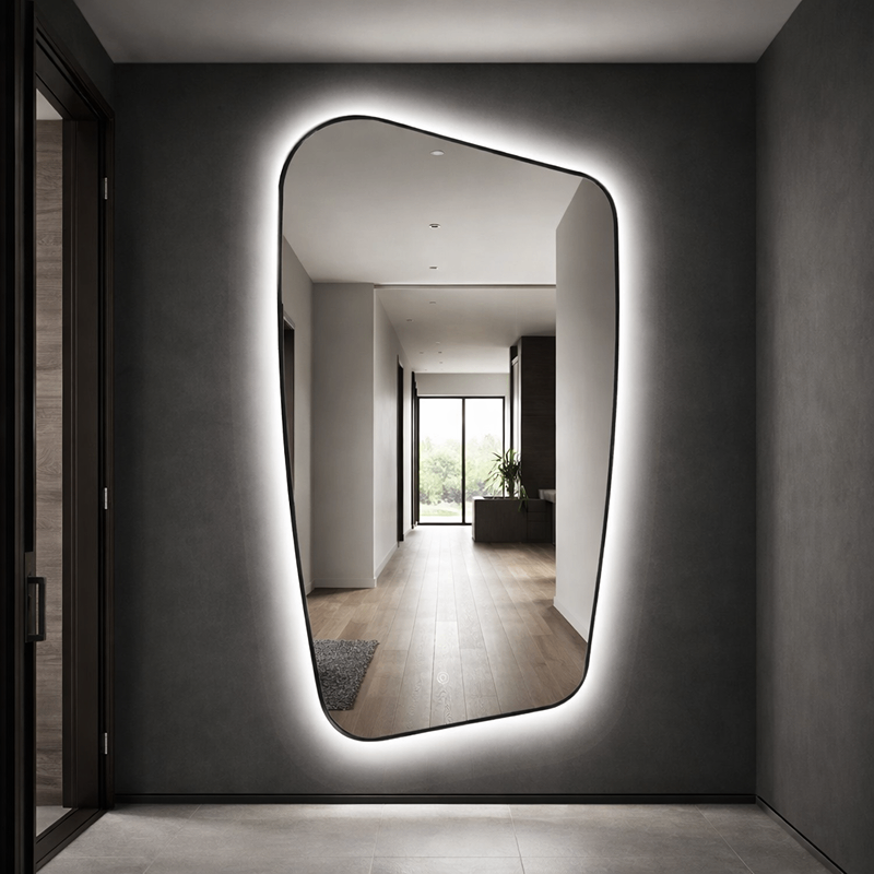 Oglinda LED pentru Dressing, Hol, Baie, Asimetrica Premium 70×110 cm, cu Rama Neagra, Touch, 3 Tipuri Lumina – Calda, Rece, Naturala