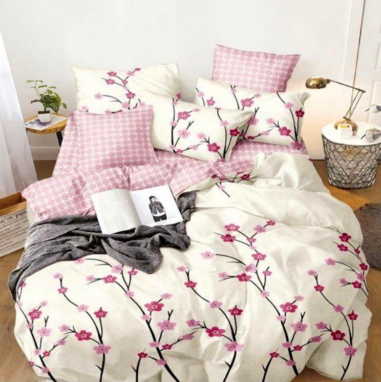 Lenjerie pat dublu, bumbac satinat, cearsaf clasic, 4 piese,  Roz, flori de cires