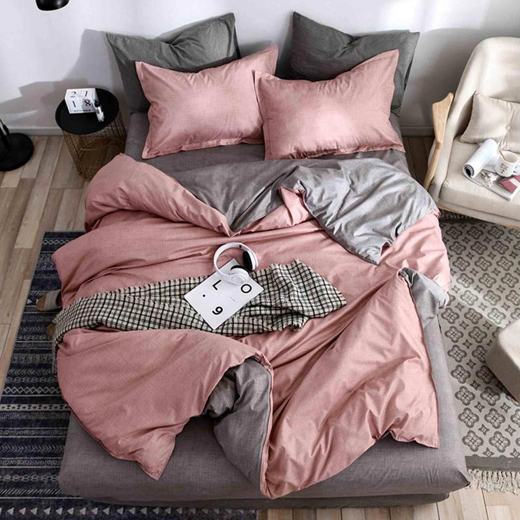 Lenjerie pat dublu, bumbac satinat, cearsaf clasic, 4 piese,  Roz