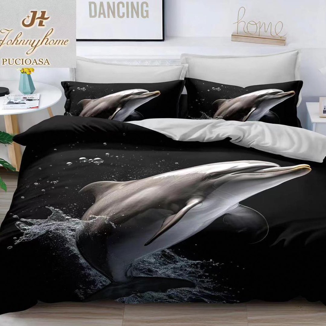 Lenjerie pat dublu, cearsaf clasic, imprimeu 3D, Gri, delfini