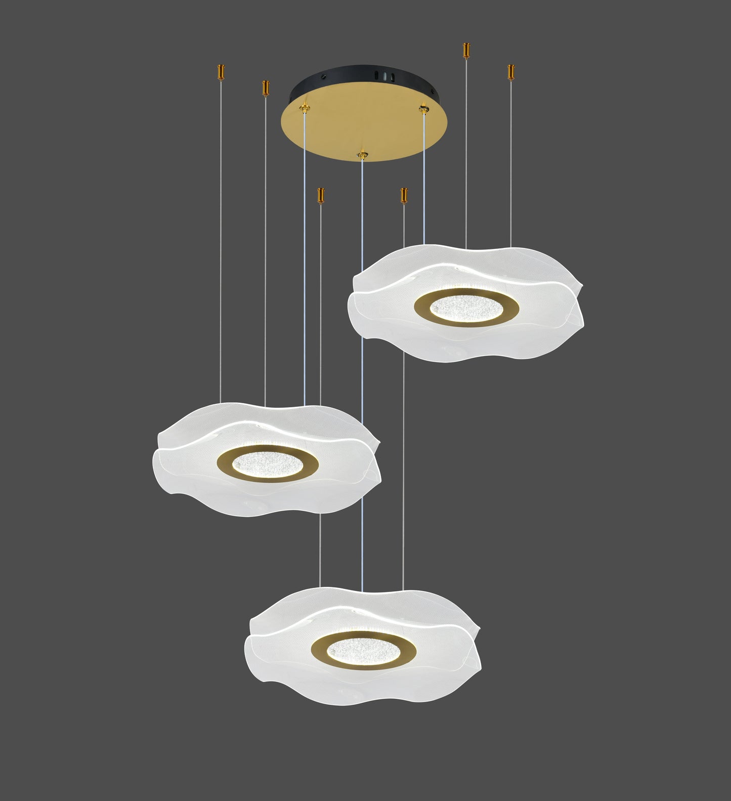 Lustra LED Tip Pendul RFAN, Model R9184/3, Cu Telecomanda, 3 Tipuri De Lumina, Inaltime Reglabila, 126W, Auriu