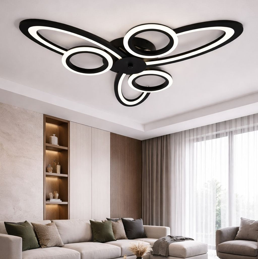 Lustra LED RFAN, Model R9185/3+3, Cu Telecomanda, 3 Tipuri De Lumina, Intensitate Reglabila, 96W, Negru