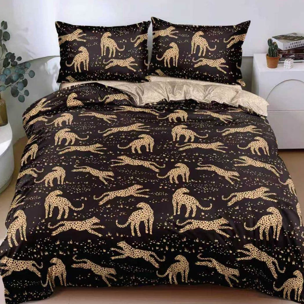 Lenjerie pat dublu cu Elastic, bumbac satinat, Negru, leopard SPR-E-149