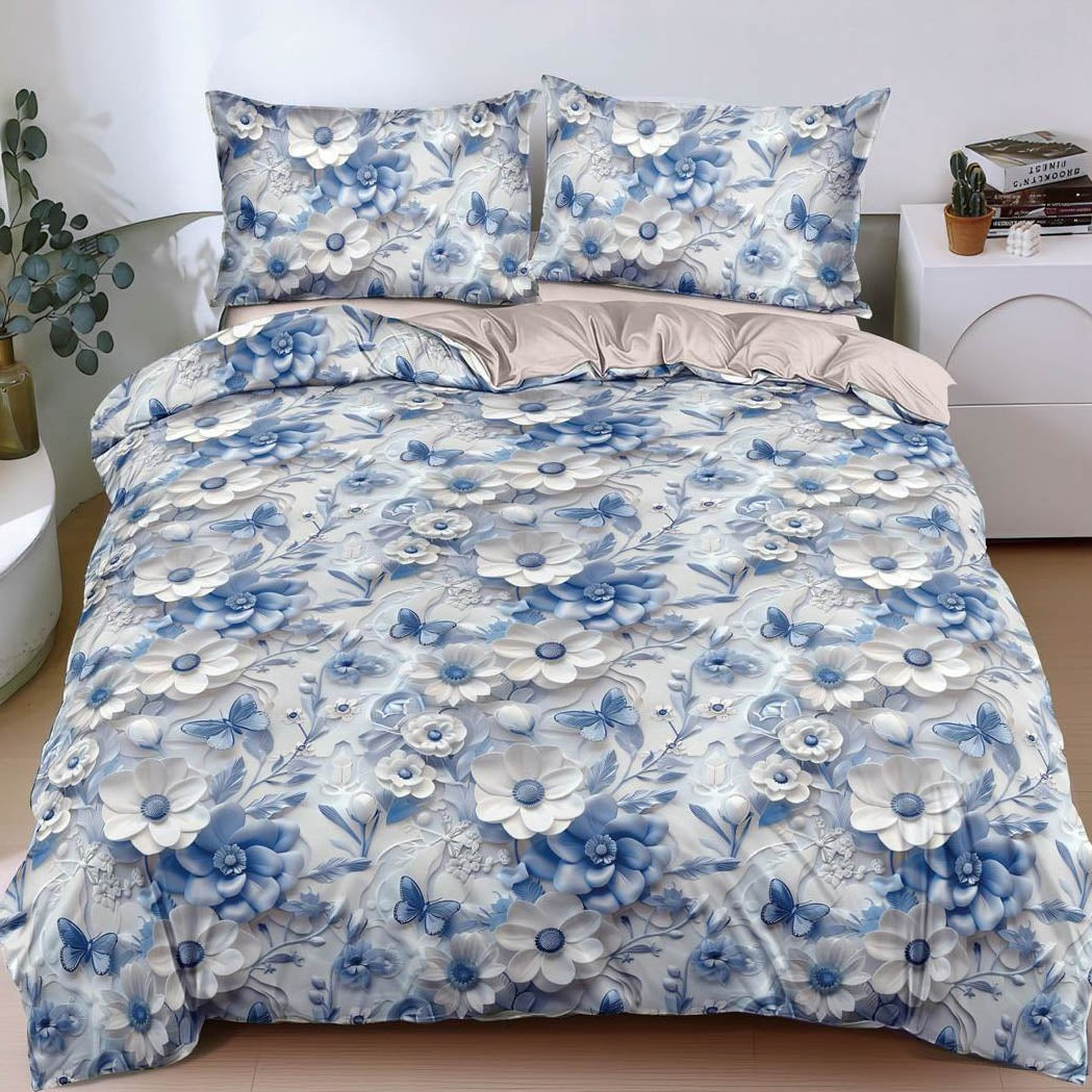 Lenjerie pat dublu cu Elastic, bumbac satinat, Albastru, floricele SPR-E-150