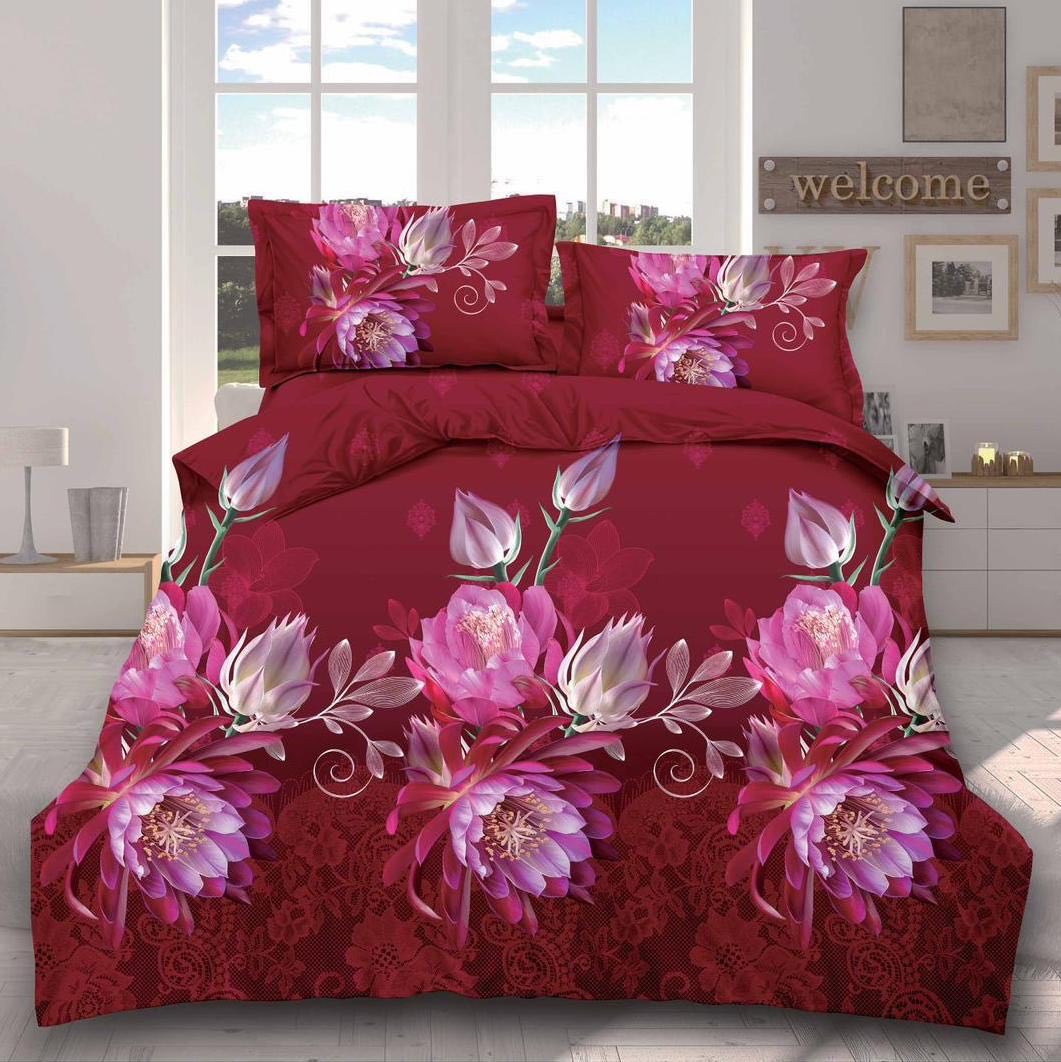 Lenjerie pat dublu, cearsaf clasic, imprimeu 3D, Visiniu, flori