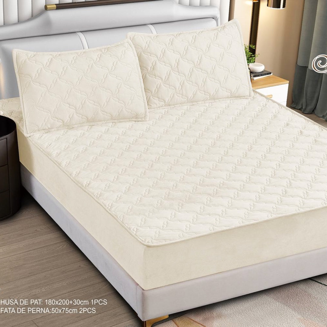 Husa Saltea cu Elastic 180x200cm tip Topper si 2 fete de perna, Crem