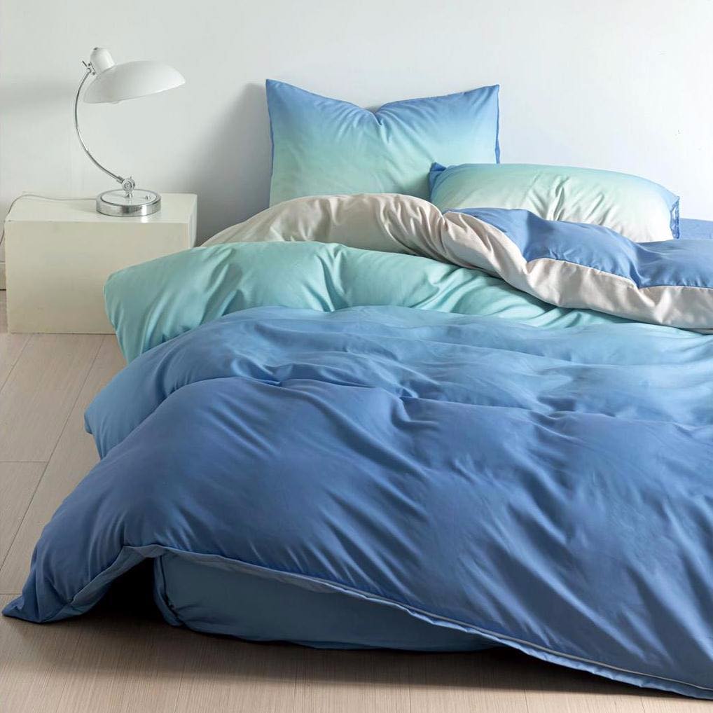 Lenjerie pat dublu, bumbac satinat, cearsaf clasic, 4 piese,  Bleu