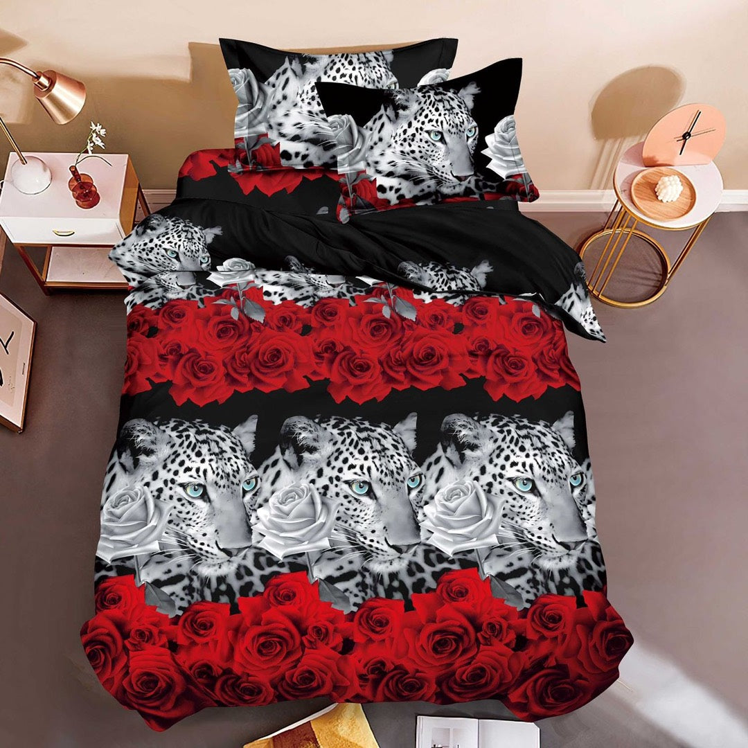 Lenjerie Pat 1 Persoana, imprimeru 3D, microfibra, Negru-Rosu, trandafiri, leoparzi
