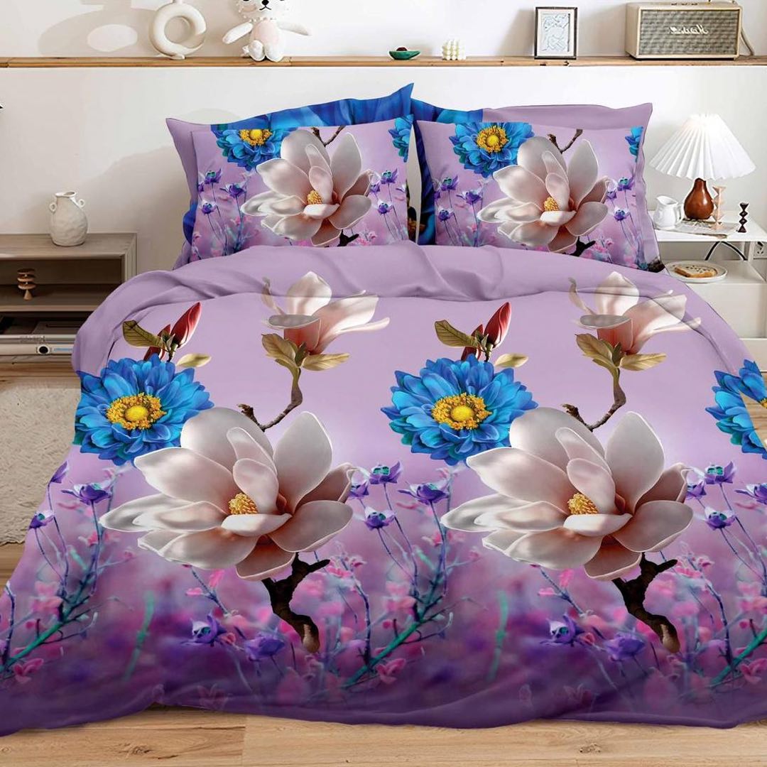 Lenjerie pat dublu, cearsaf clasic, imprimeu 3D, Lila, flori