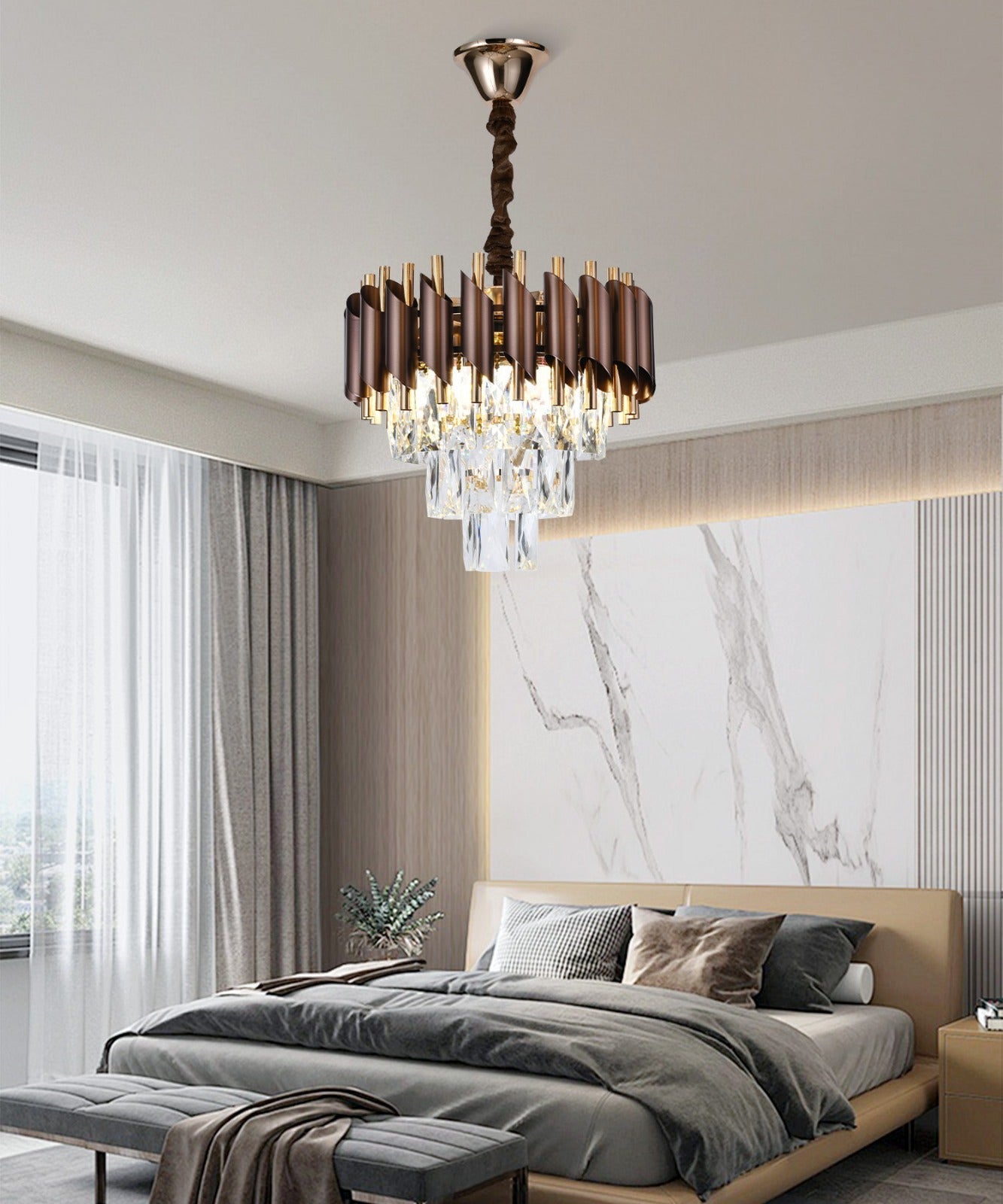 Candelabru RFAN, Model S89001/300, Textura Cristal, Metal, 3 X E27, Maro/Auriu