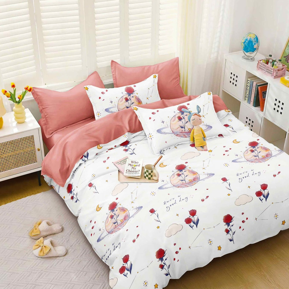 Lenjerie pat dublu, bumbac satinat, cearsaf clasic, 4 piese,  Alb, Roz, flori