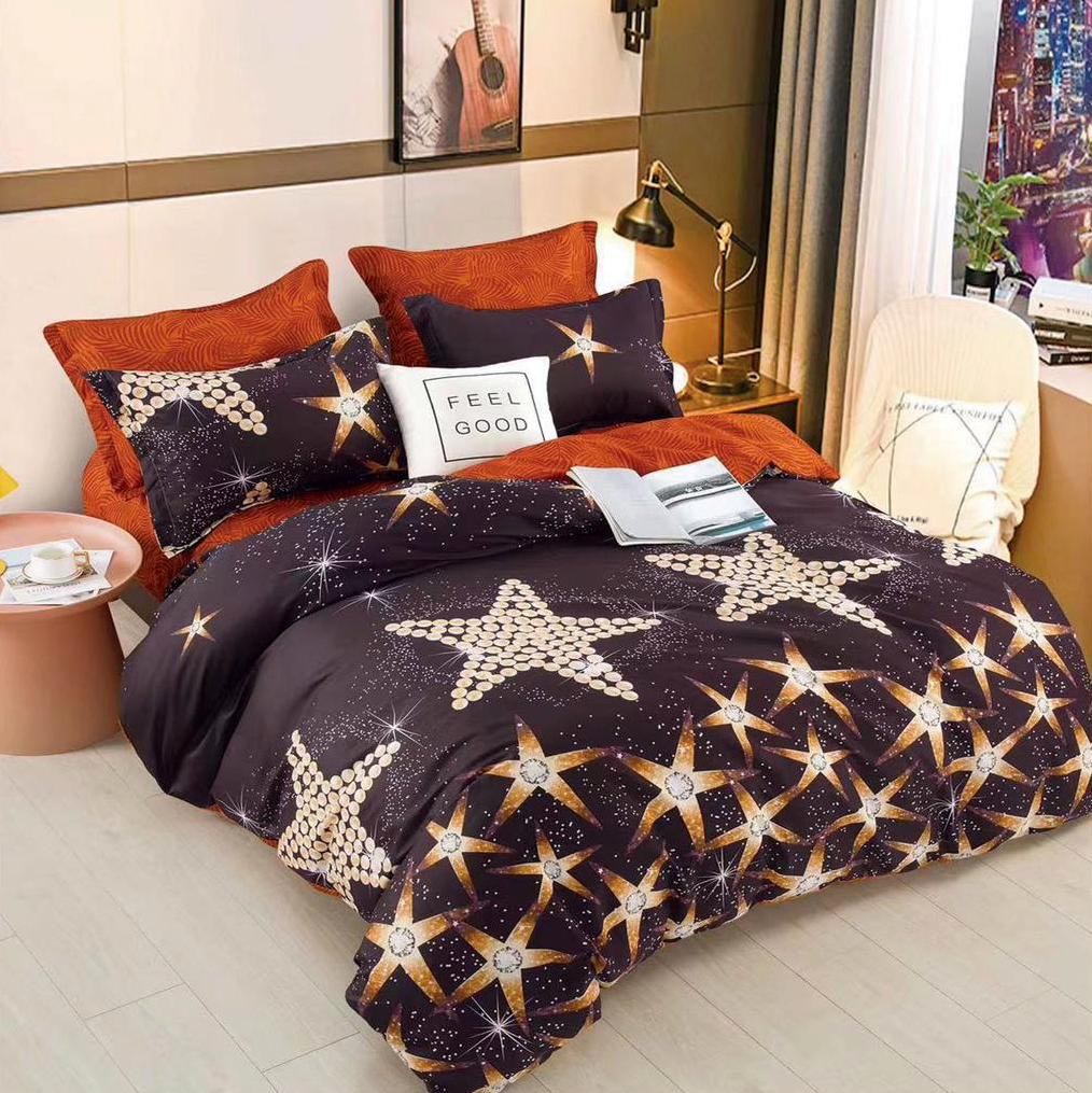 Lenjerie pat dublu, bumbac satinat, cearsaf clasic, 4 piese,  Negru, stelute