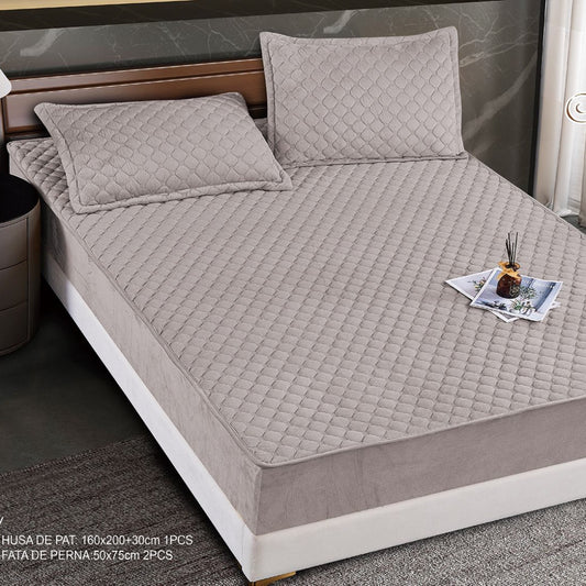 Hus? Matlasat? Tip Topper din Catifea 160x200cm, cu 2 Fe?e de Pern? 50x70cm -  Somn Odihnitor ?i Sus?inere pentru Spate, Grej