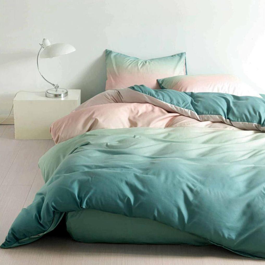 Lenjerie pat dublu, bumbac satinat, cearsaf clasic, 4 piese,  Verde