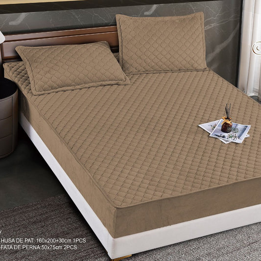 Hus? Matlasat? Tip Topper din Catifea 160x200cm, cu 2 Fe?e de Pern? 50x70cm -  Somn Odihnitor ?i Sus?inere pentru Spate, Cappuccino