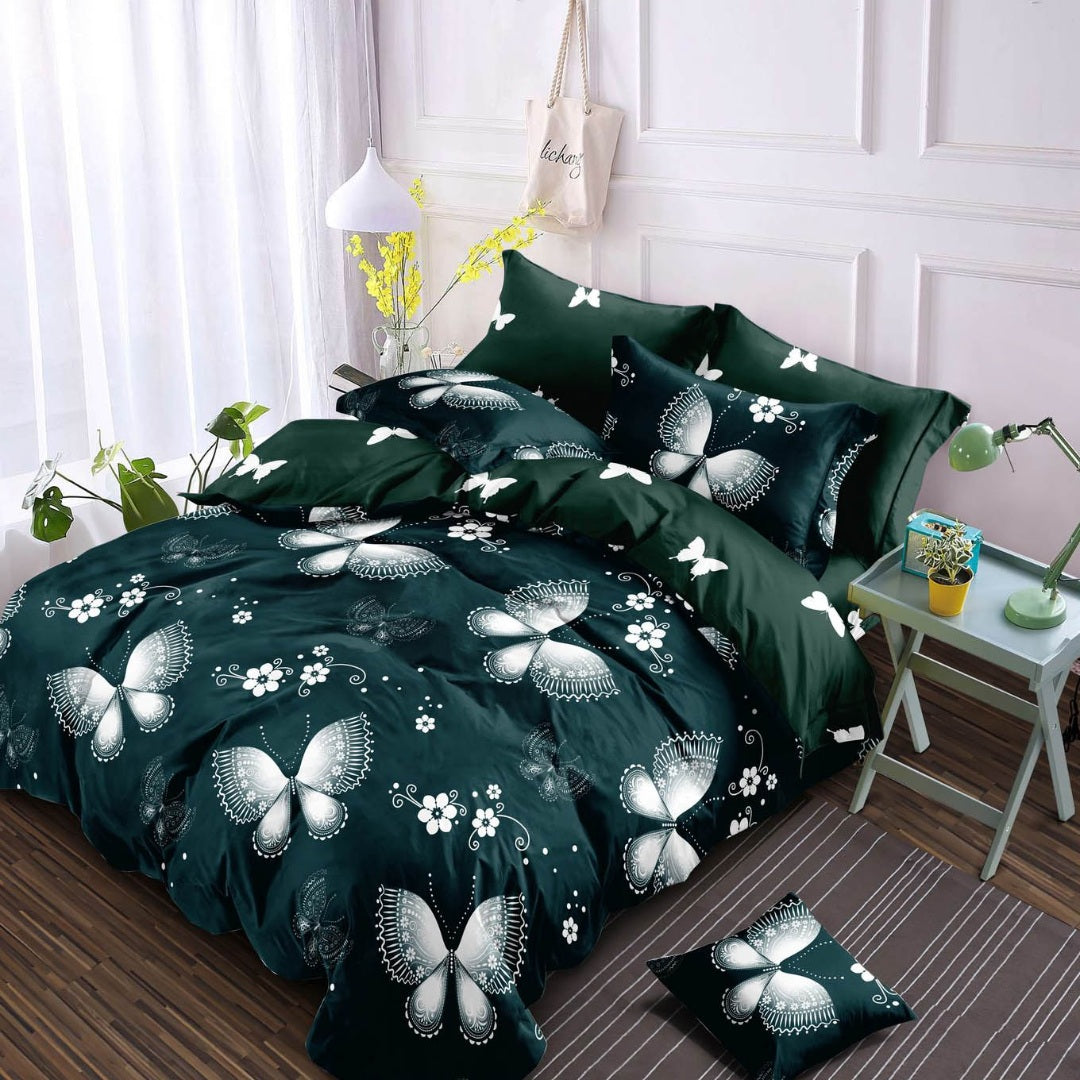 Lenjerie pat dublu, Finet, 6 piese, Verde, fluturi
