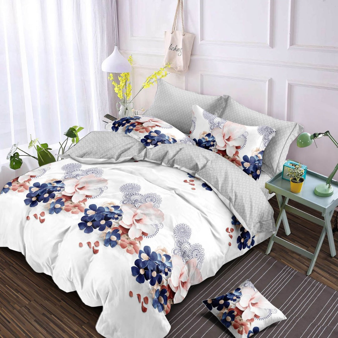 Lenjerie pat dublu, Finet, 6 piese, Alb, Gri, flori