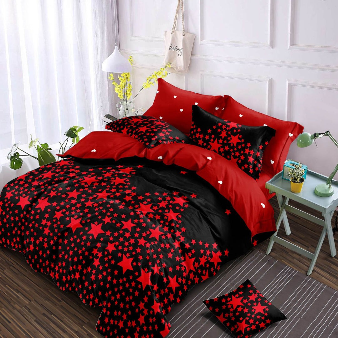 Lenjerie pat dublu, Finet, 6 piese, Negru, Rosu, stelute