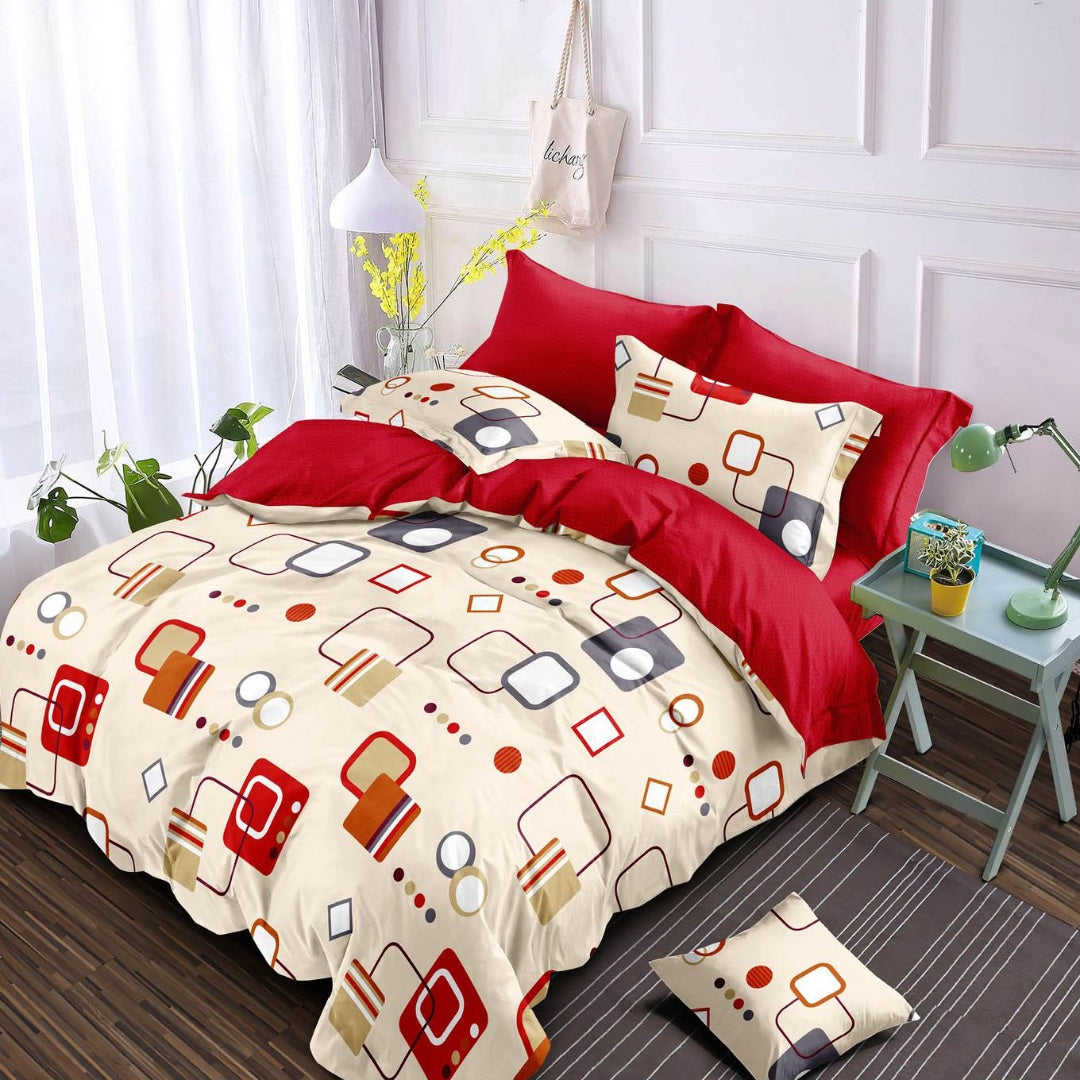 Lenjerie pat dublu, Finet, 6 piese, Bej, Rosu, forme geometrice