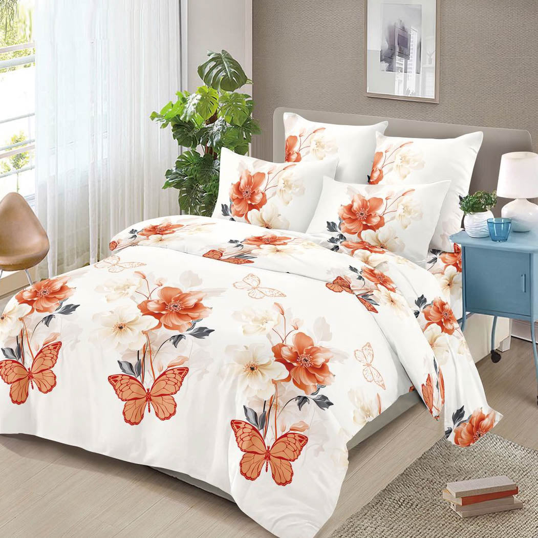 Lenjerie pat dublu, 4 piese, FINET Buget, Pucioasa, crem, fluturi, flori