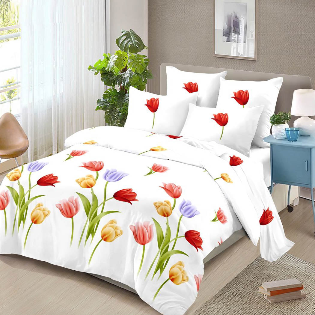 Lenjerie pat dublu, 4 piese, FINET Buget, Pucioasa, alb, lalele colorate