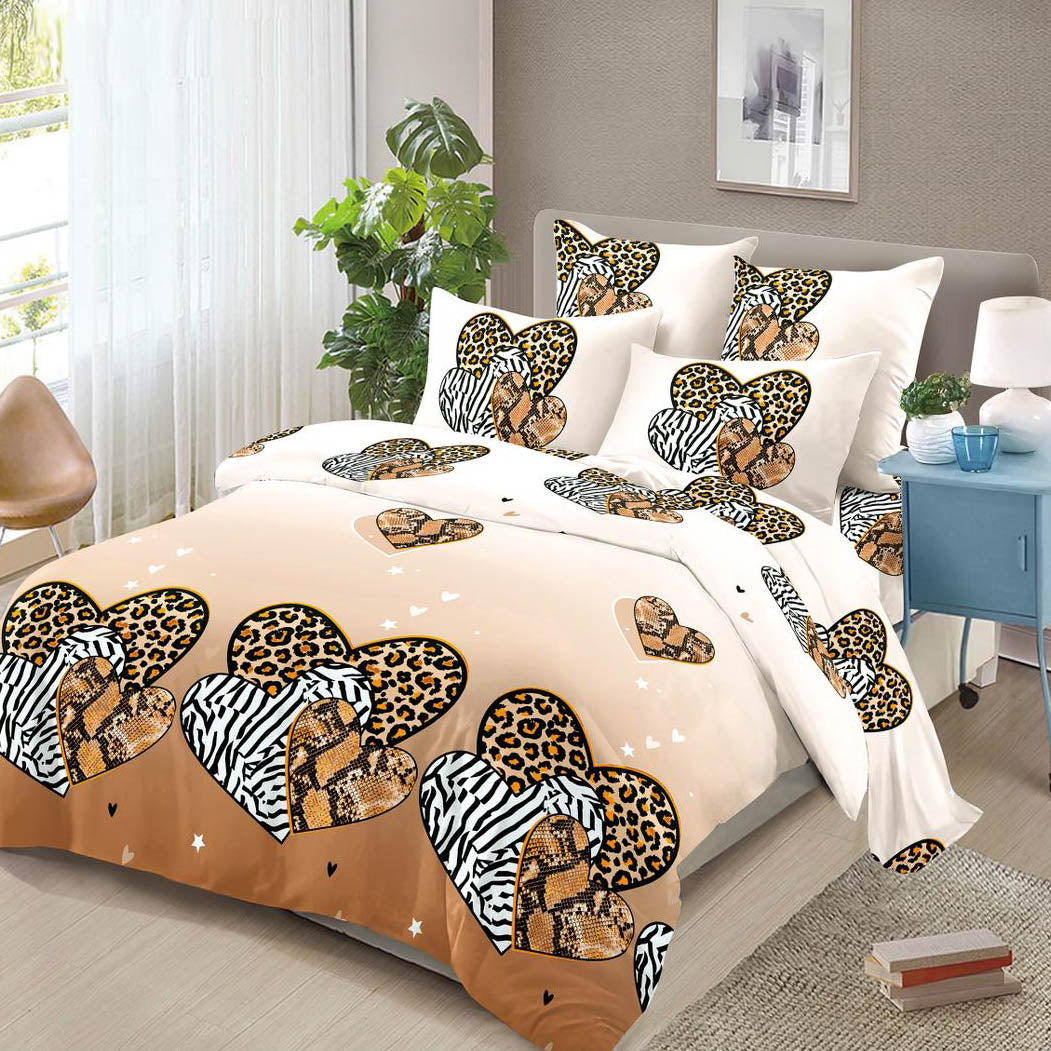Lenjerie pat dublu, 4 piese, FINET Buget, Pucioasa, maro, inimioare animal print