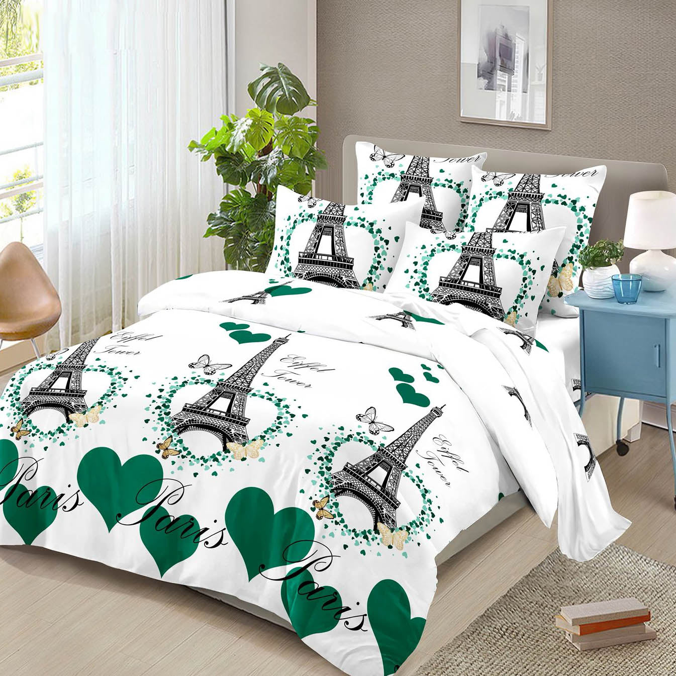 Lenjerie pat dublu, 4 piese, FINET Buget, Pucioasa, alb, verde, turnul Eiffel