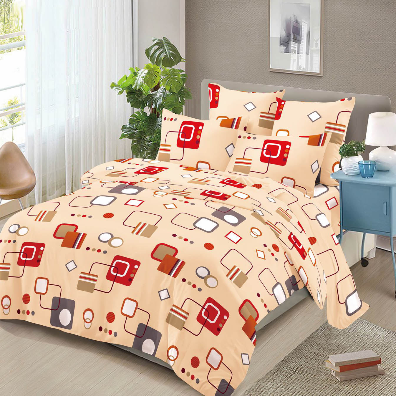 Lenjerie pat dublu, 4 piese, FINET Buget, Pucioasa, somon, forme geometrice