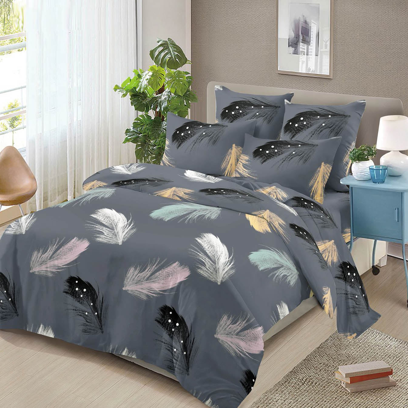 Lenjerie pat dublu, 4 piese, FINET Buget, Pucioasa, gri, pene colorate