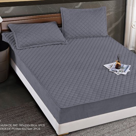 Hus? Matlasat? Tip Topper din Catifea 160x200cm, cu 2 Fe?e de Pern? 50x70cm -  Somn Odihnitor ?i Sus?inere pentru Spate, Gri inchis