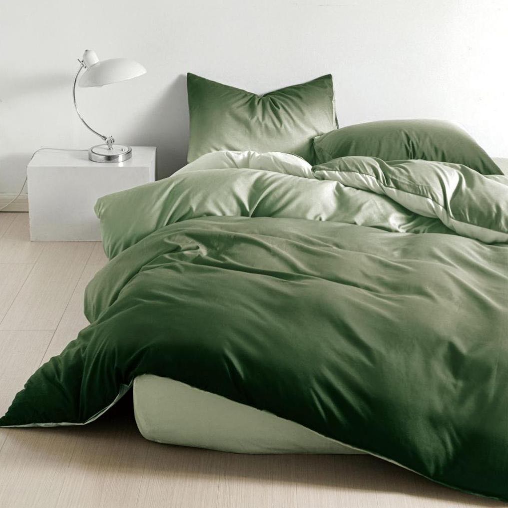 Lenjerie pat dublu, bumbac satinat, cearsaf clasic, 4 piese,  Verde