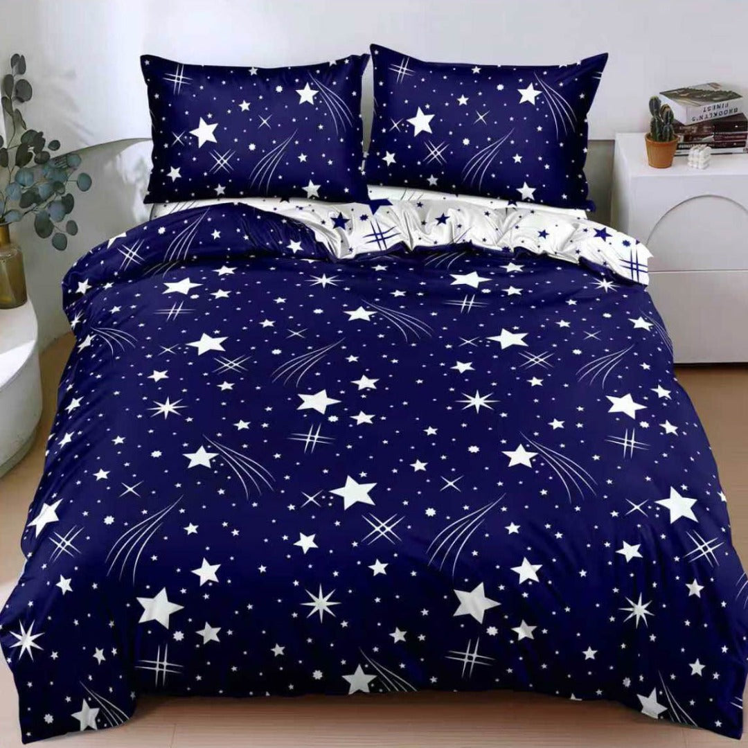 Lenjerie pat dublu, bumbac satinat, cearsaf clasic, 4 piese,  Albastru, stelute